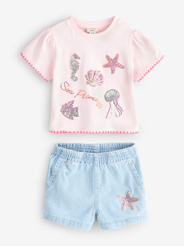River Island Blue Sealife T-Shirt & Shorts Set - Image 1 of 1 River Island Blue Sealife T-Shirt & Shorts Set - Image 1 of 1