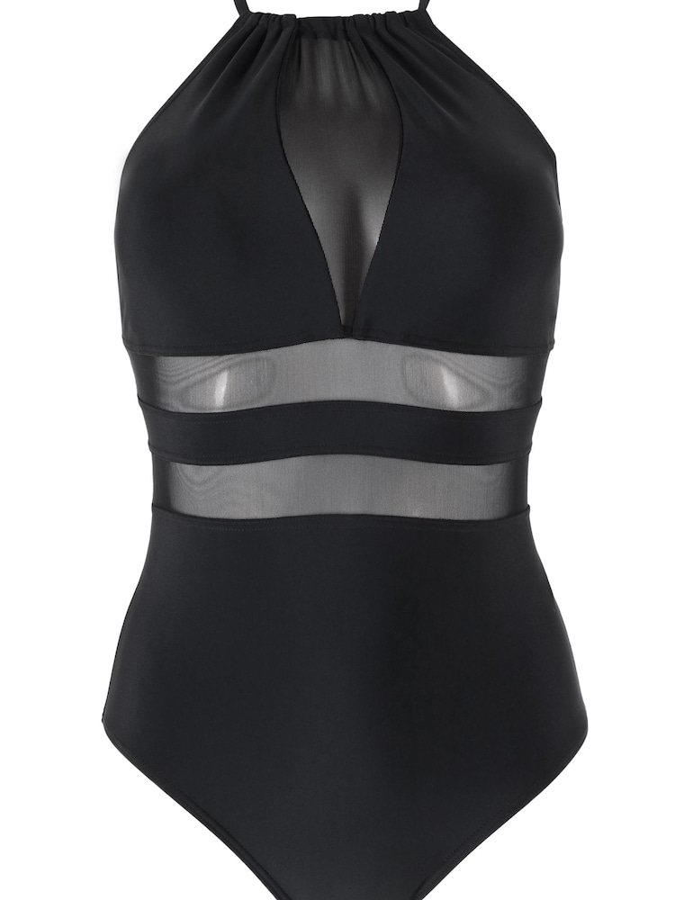 Pour Moi Black High Neck Mesh Insert Control Swimsuit - Image 2 of 3