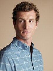Charles Tyrwhitt Blue Windowpane Check Non-iron Twill Slim Fit 100% Cotton Shirt - Image 4 of 7