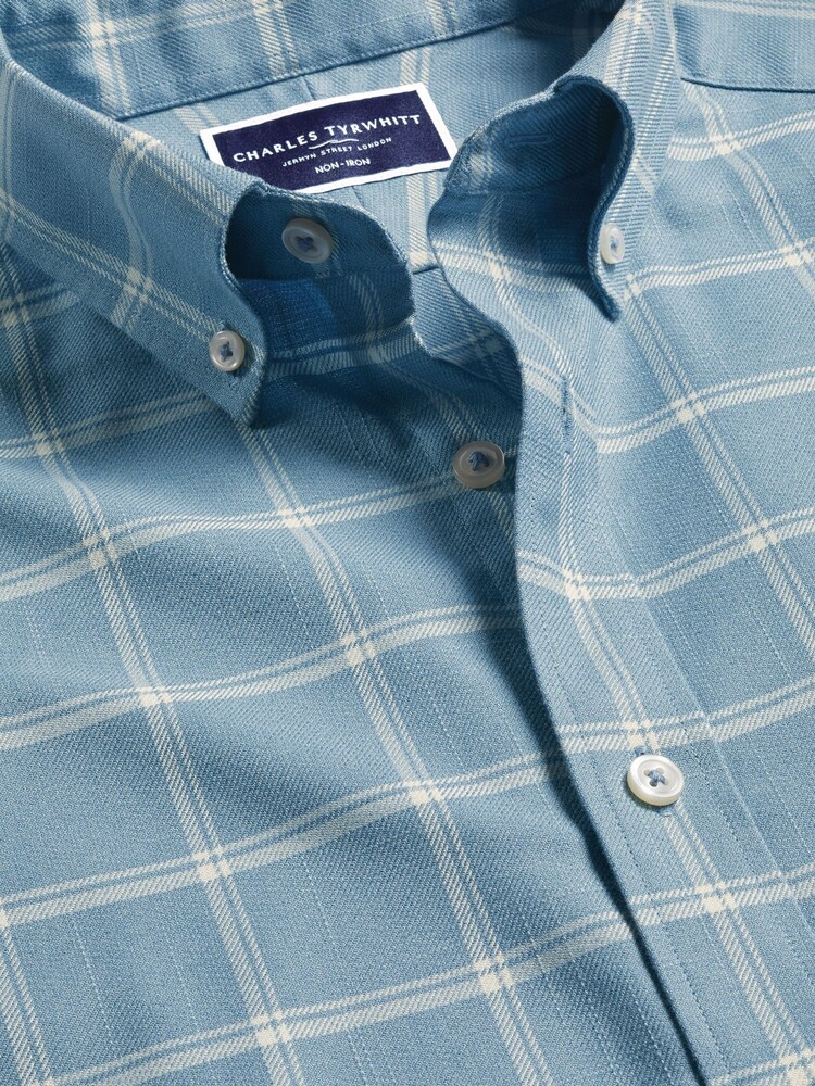 Charles Tyrwhitt Blue Windowpane Check Non-iron Twill Slim Fit 100% Cotton Shirt - Image 6 of 7