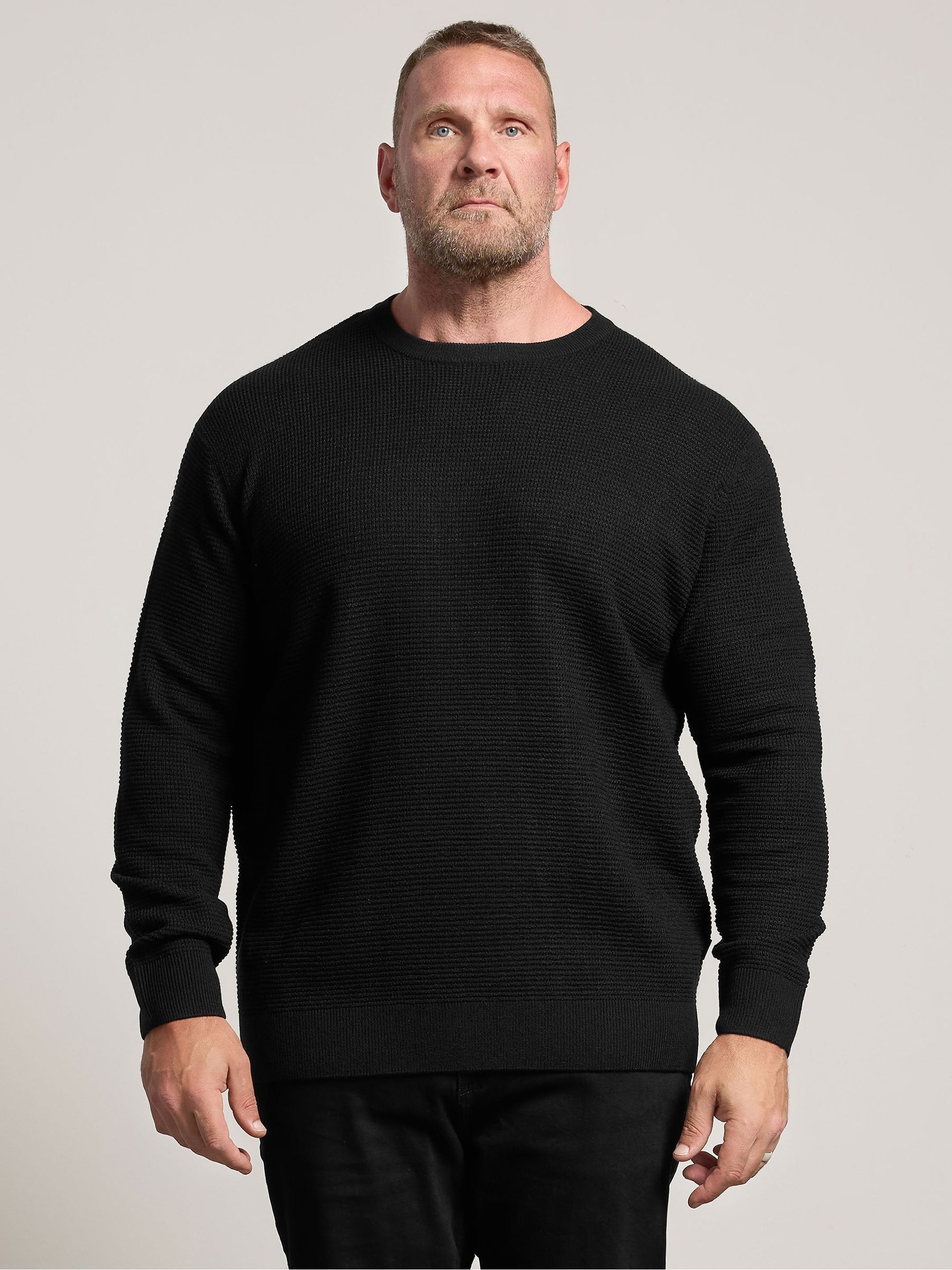 Badrhino Men's Black Waffle Crew Neck Jumper In | Size: 5-6Xl - Image 1