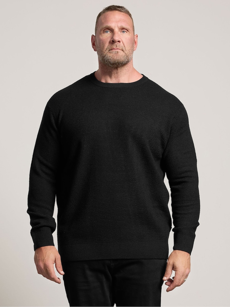 BadRhino Big & Tall Black Waffle Crew Neck Jumper - Image 1 of 4 BadRhino Big & Tall Black Waffle Crew Neck Jumper - Image 1 of 4