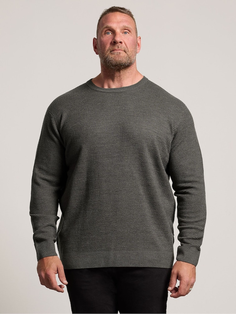 BadRhino Big & Tall Grey Waffle Crew Neck Jumper - Image 1 of 6 BadRhino Big & Tall Grey Waffle Crew Neck Jumper - Image 1 of 6