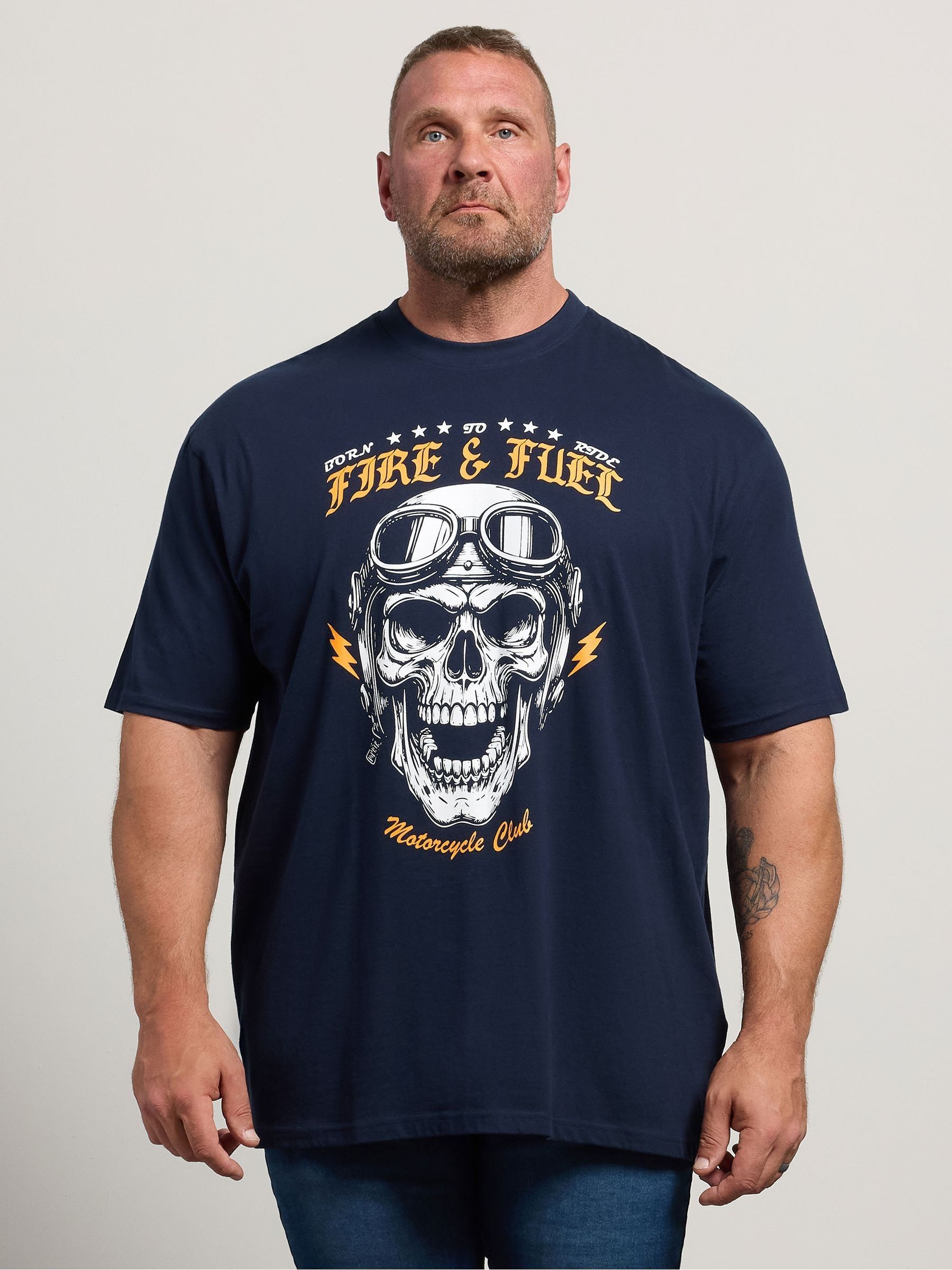 Badrhino Big & Tall Men's Blue Long Fire Fuel Skull Printed T-Shirt