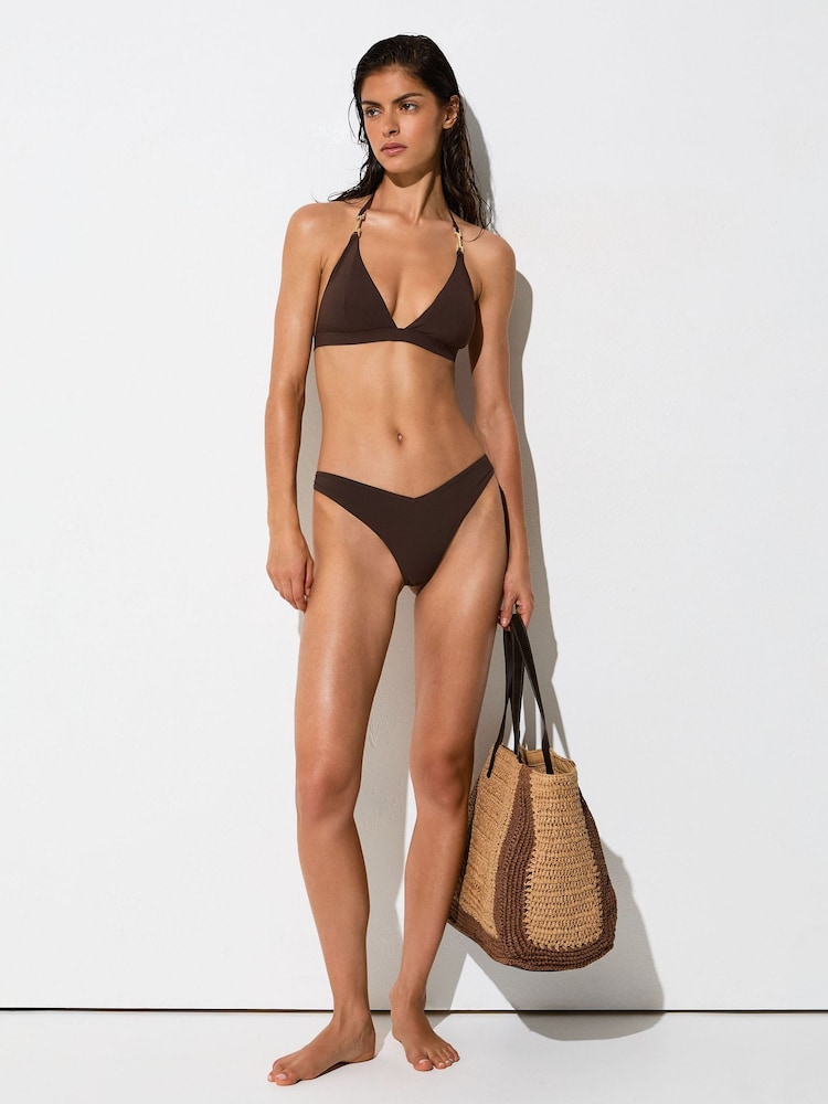 Reiss Chocolate Brown Isla Fixed-Side Thong Bikini Bottoms - Image 1 of 7