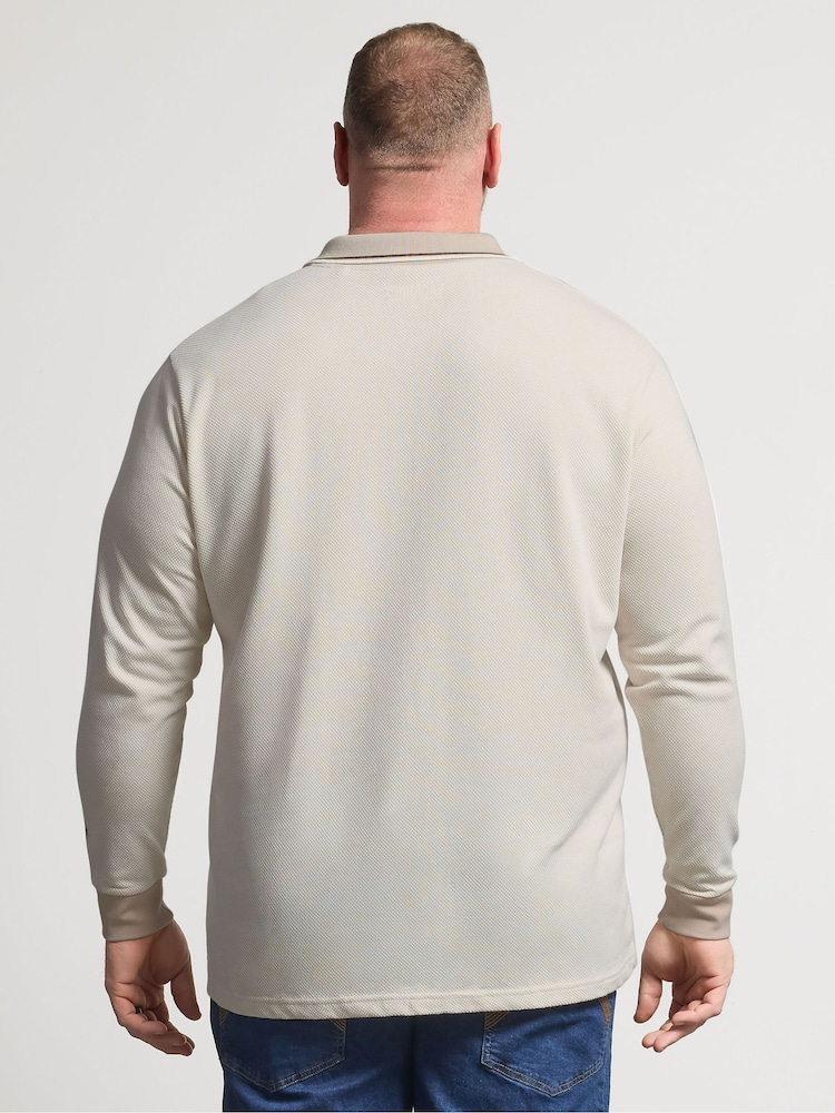 BadRhino Big & Tall Cream Textured Waffle Long Sleeve Polo Shirt - Image 2 of 6 BadRhino Big & Tall Cream Textured Waffle Long Sleeve Polo Shirt - Image 2 of 6