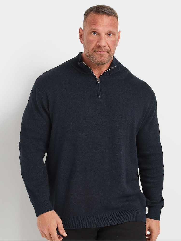 BadRhino Big & Tall Blue Milano Quarter Zip Knitted Jumper - Image 1 of 1 BadRhino Big & Tall Blue Milano Quarter Zip Knitted Jumper - Image 1 of 1