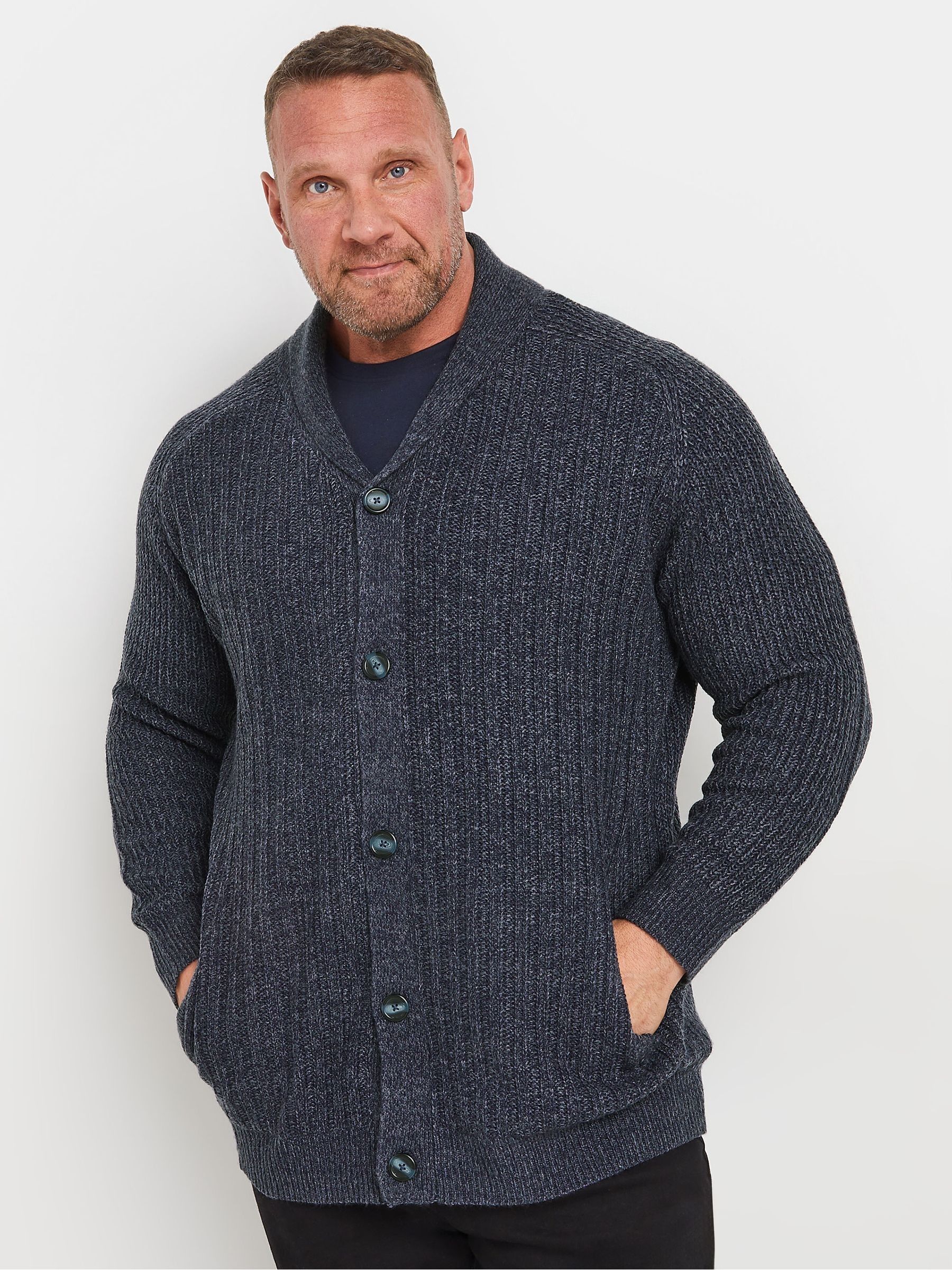 Badrhino Men's Blue Knitted Shawl Cardigan In | Size: 5-6Xl - Image 3
