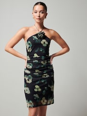 Black Animal Print Corsage Halter Neck Mini Dress - Image 1 of 6