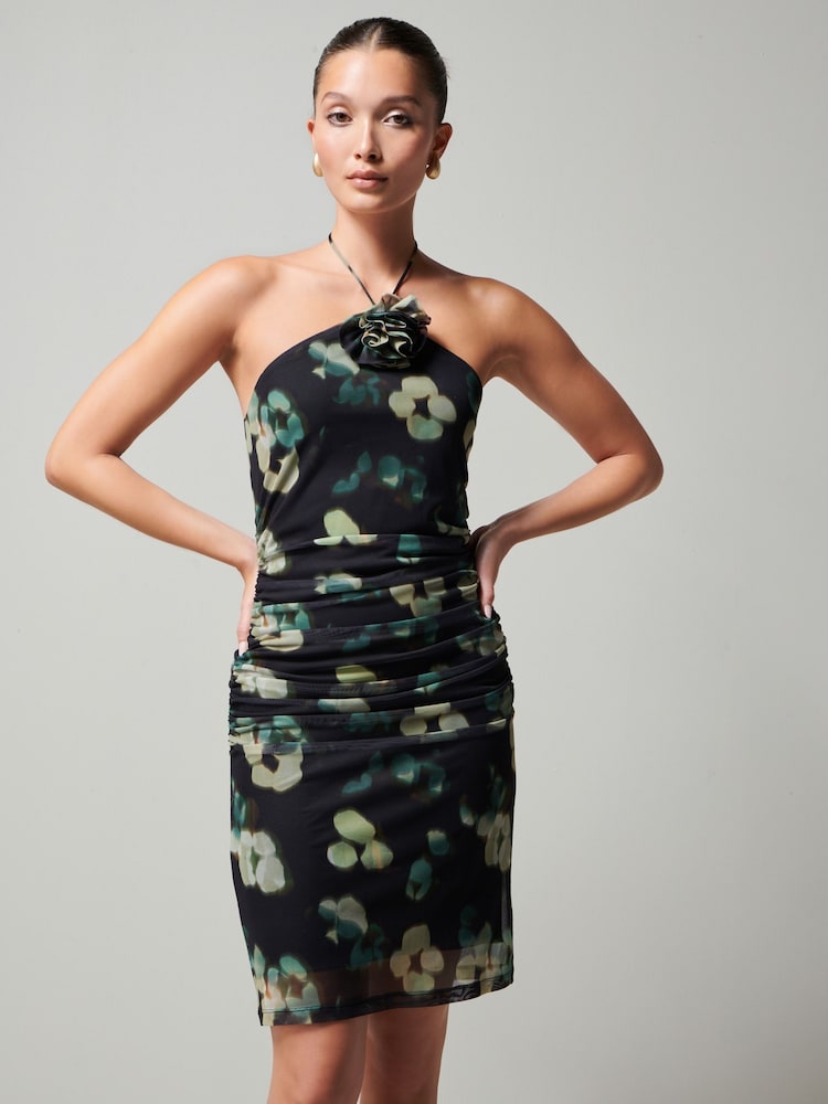 Black Animal Print Corsage Halter Neck Mini Dress - Image 1 of 6