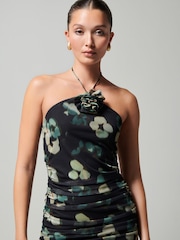 Black Animal Print Corsage Halter Neck Mini Dress - Image 4 of 6