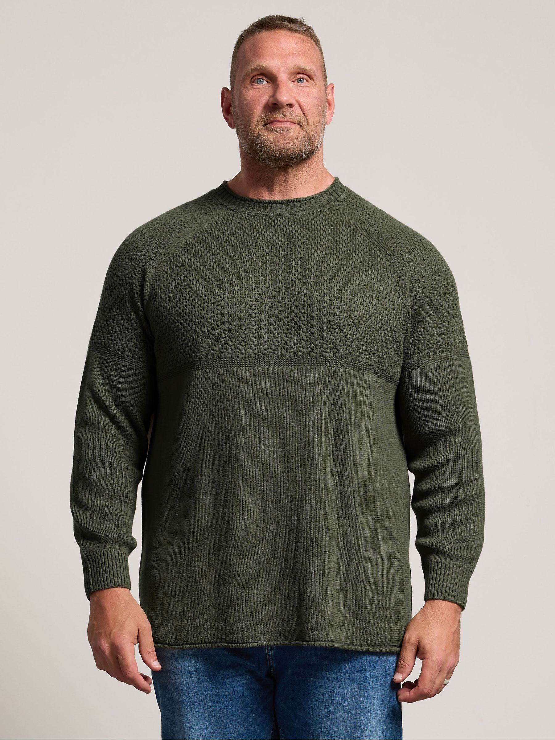 Badrhino Big & Tall Men's Green Half Textured Crew Neck Knitted Jumper