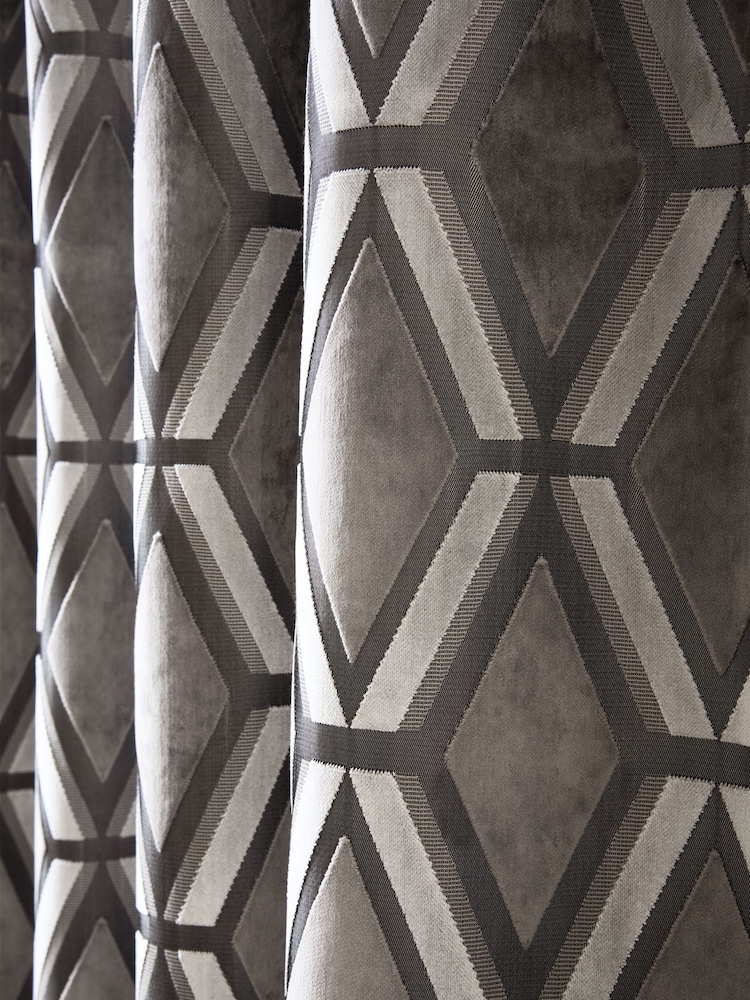 Grey Silver Collection Luxe Heavyweight Geometric Cut Velvet Lined Eyelet Curtains - Image 5 of 5
