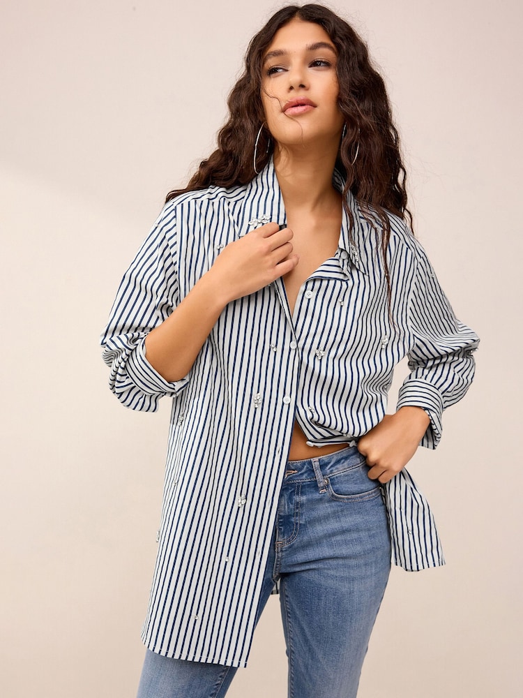 Blue Stripe Gem Embellished Long Sleeve Shirt - Image 1 of 6