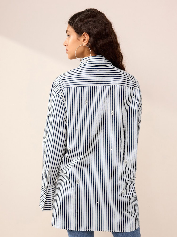 Blue Stripe Gem Embellished Long Sleeve Shirt - Image 3 of 6