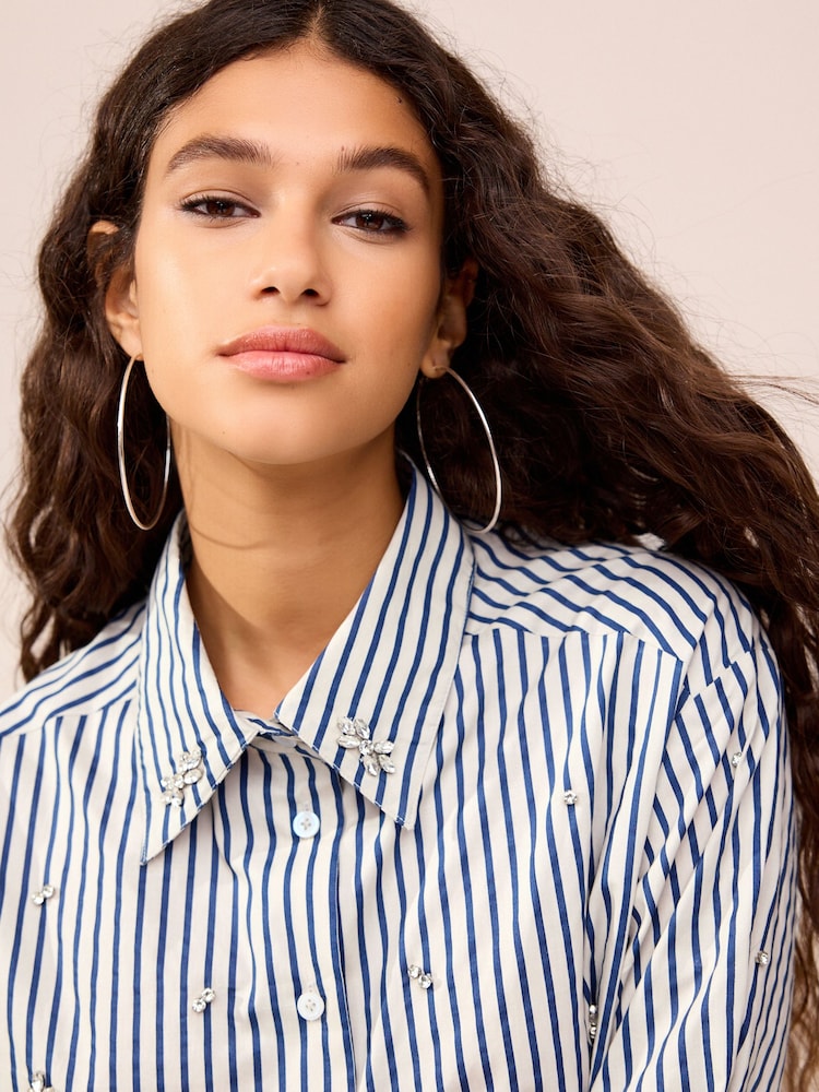 Blue Stripe Gem Embellished Long Sleeve Shirt - Image 4 of 6