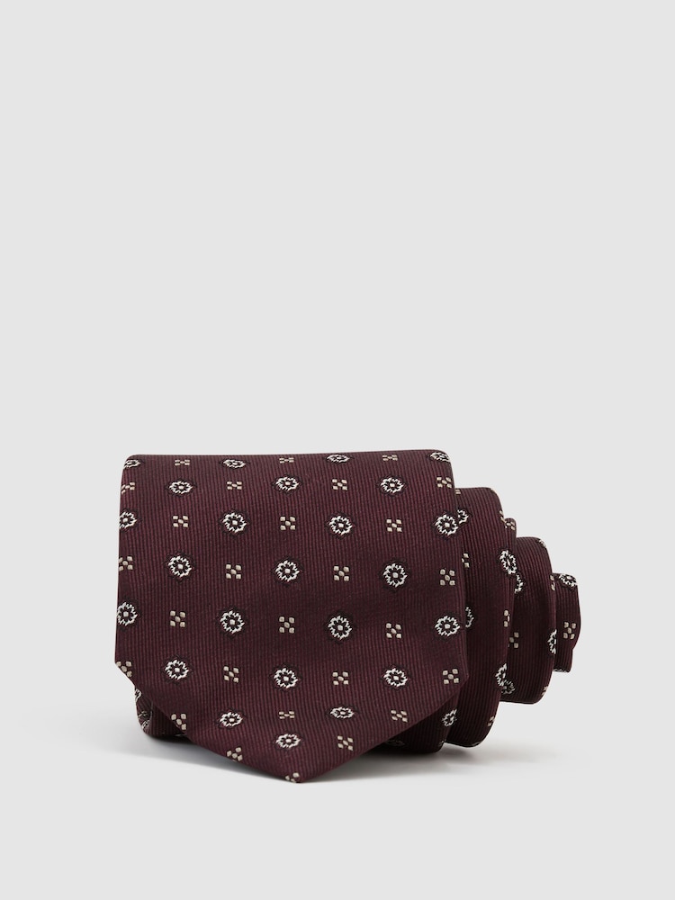 Reiss Burgundy Onorio Silk-Blend Micro Floral Medallion Tie - Image 1 of 5 Reiss Burgundy Onorio Silk-Blend Micro Floral Medallion Tie - Image 1 of 5