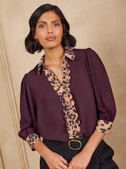 Love & Roses Burgundy Red Animal Print Scallop Trim Short Sleeve Notch Neck Shirt - Image 1 of 5