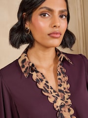 Love & Roses Burgundy Red Animal Print Scallop Trim Short Sleeve Notch Neck Shirt - Image 2 of 5