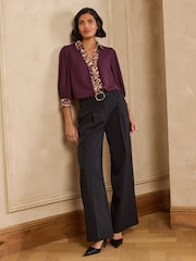 Love & Roses Burgundy Red Animal Print Scallop Trim Short Sleeve Notch Neck Shirt - Image 3 of 5