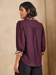 Love & Roses Burgundy Red Animal Print Scallop Trim Short Sleeve Notch Neck Shirt - Image 4 of 5