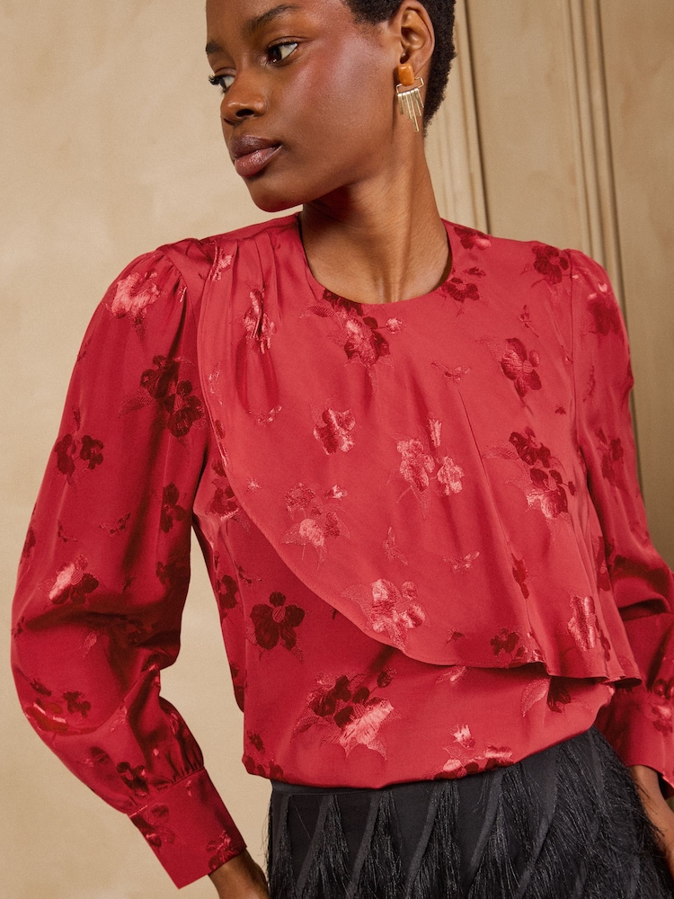 Love & Roses Red Satin Jacquard Drape Long Sleeve Blouse - Image 1 of 5