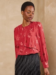 Love & Roses Red Satin Jacquard Drape Long Sleeve Blouse - Image 2 of 5