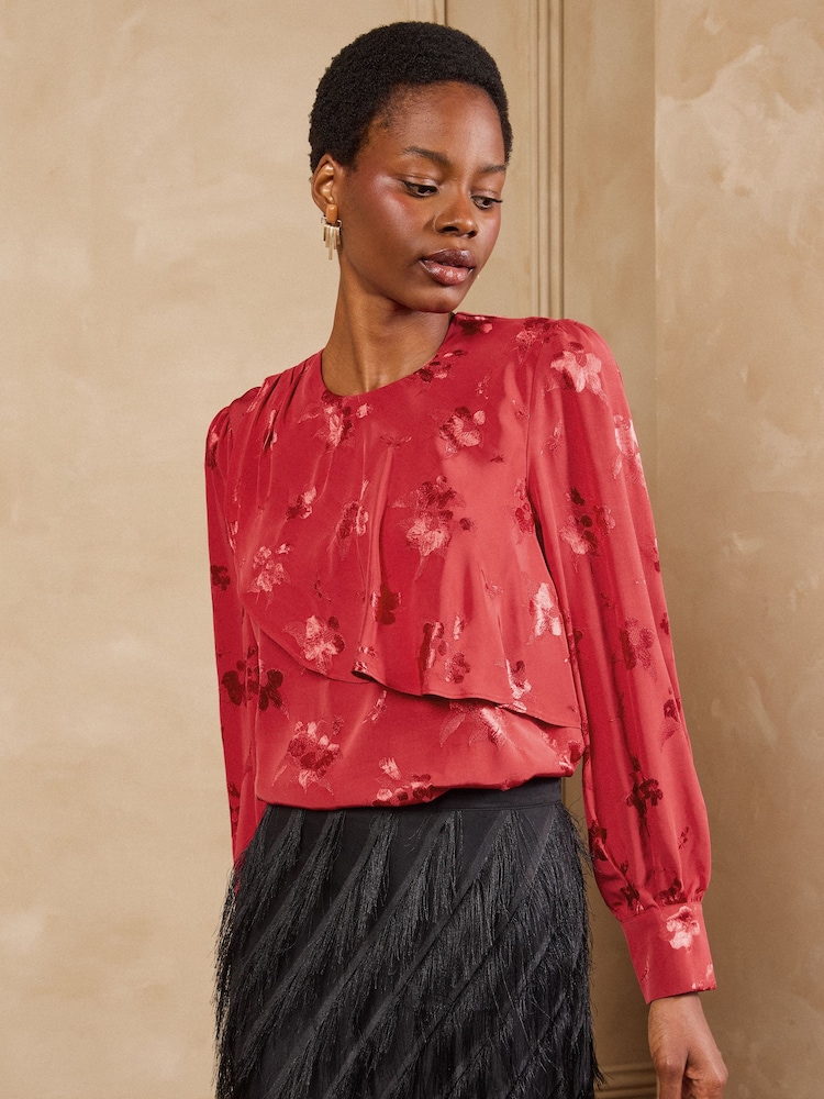 Love & Roses Red Satin Jacquard Drape Long Sleeve Blouse - Image 2 of 5