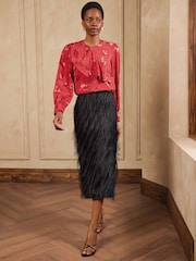 Love & Roses Red Satin Jacquard Drape Long Sleeve Blouse - Image 3 of 5