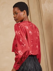 Love & Roses Red Satin Jacquard Drape Long Sleeve Blouse - Image 4 of 5