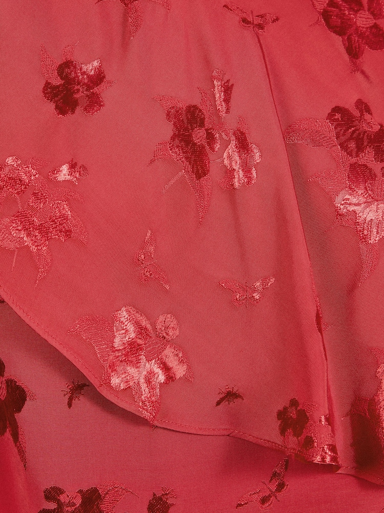Love & Roses Red Satin Jacquard Drape Long Sleeve Blouse - Image 5 of 5