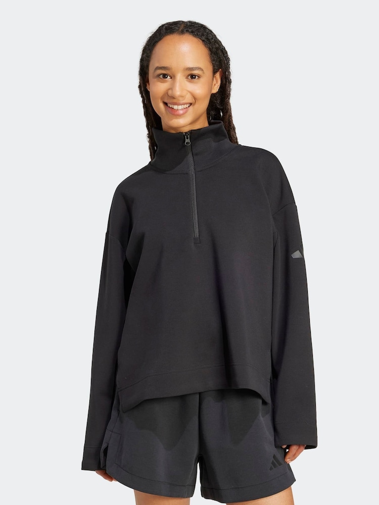 adidas Black Soft Lux Quarter Zip Sweat Top - Image 1 of 6 adidas Black Soft Lux Quarter Zip Sweat Top - Image 1 of 6