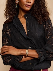 Love & Roses Black Lace Ruffle Front 3/4 Sleeve Blouse - Image 1 of 6
