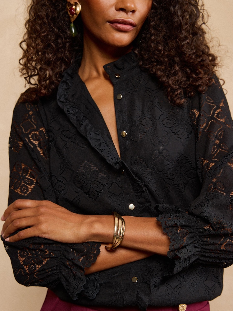 Love & Roses Black Lace Ruffle Front 3/4 Sleeve Blouse - Image 1 of 6