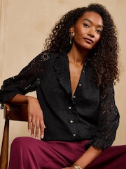 Love & Roses Black Lace Ruffle Front 3/4 Sleeve Blouse - Image 2 of 6