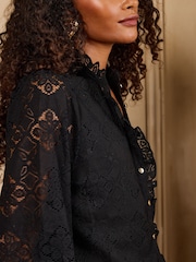 Love & Roses Black Lace Ruffle Front 3/4 Sleeve Blouse - Image 4 of 6