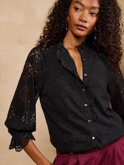 Love & Roses Black Lace Ruffle Front 3/4 Sleeve Blouse - Image 5 of 6