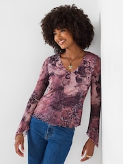 Joe Browns Pink Patterned Mesh Top With Wide Sleeve - Image 1 of 5