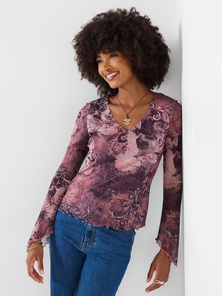 Joe Browns Pink Patterned Mesh Top With Wide Sleeve - Image 1 of 5 Joe Browns Pink Patterned Mesh Top With Wide Sleeve - Image 1 of 5