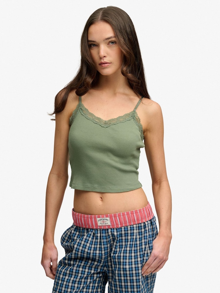 Superdry Green Essential Lace Trim Cropped Cami Top - Image 1 of 7