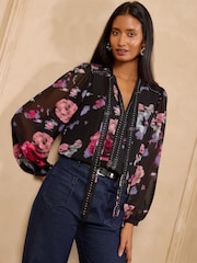 Love & Roses Hardware Pussybow Long Sleeve Blouse - Larawan 1 ng 6