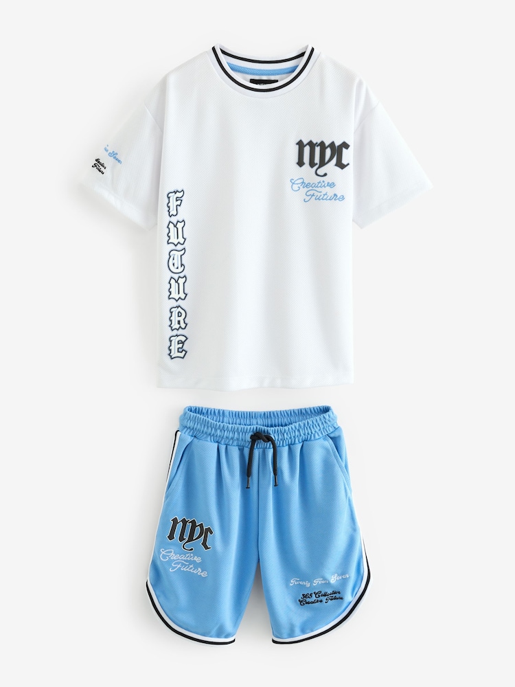 White/Blue NYC Mesh T-Shirt and Shorts Set (3-16yrs) - Image 1 of 3