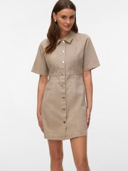 VERO MODA Brown Short Sleeve V Neck Denim Dress - Image 1 of 3