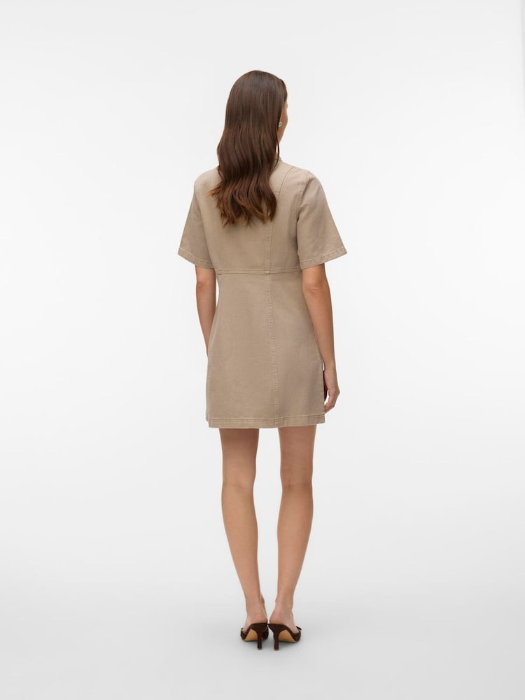 VERO MODA Brown Short Sleeve V Neck Denim Dress - Image 2 of 3