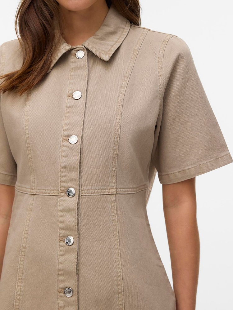 VERO MODA Brown Short Sleeve V Neck Denim Dress - Image 4 of 4