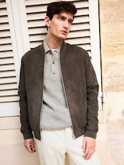 Dark Stone Faux Suede Bomber Jacket - Image 1 of 10