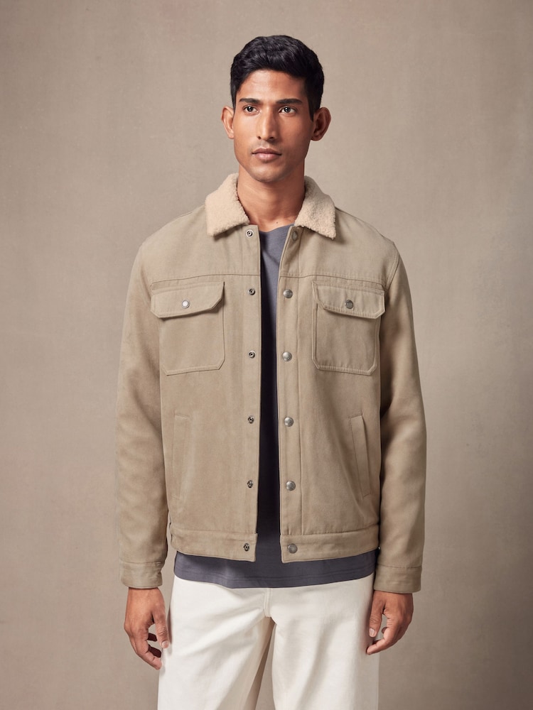 Stone Faux Suede Borg Collared Trucker Jacket - Image 2 of 10