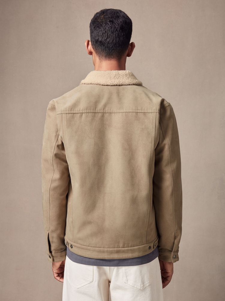 Stone Faux Suede Borg Collared Trucker Jacket - Image 3 of 10