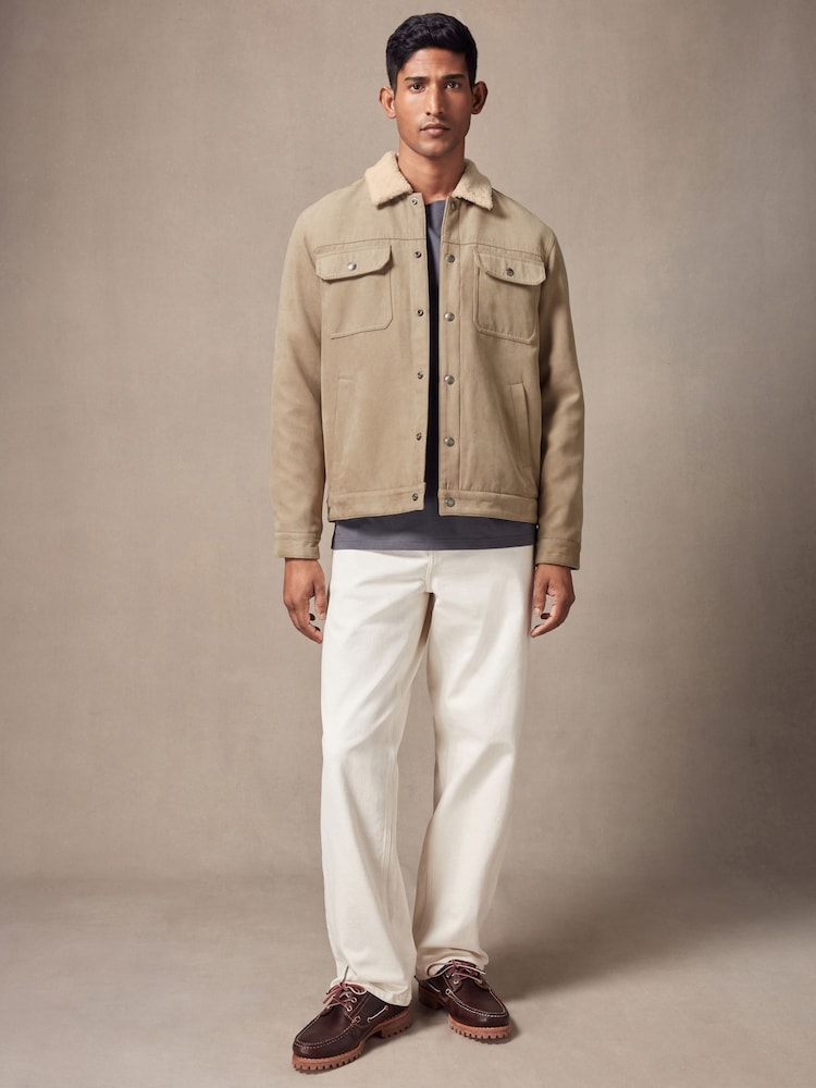 Stone Faux Suede Borg Collared Trucker Jacket - Image 4 of 10