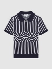 Reiss Navy/White Maycross Half-Zip Striped Polo T-Shirt - Image 2 of 6